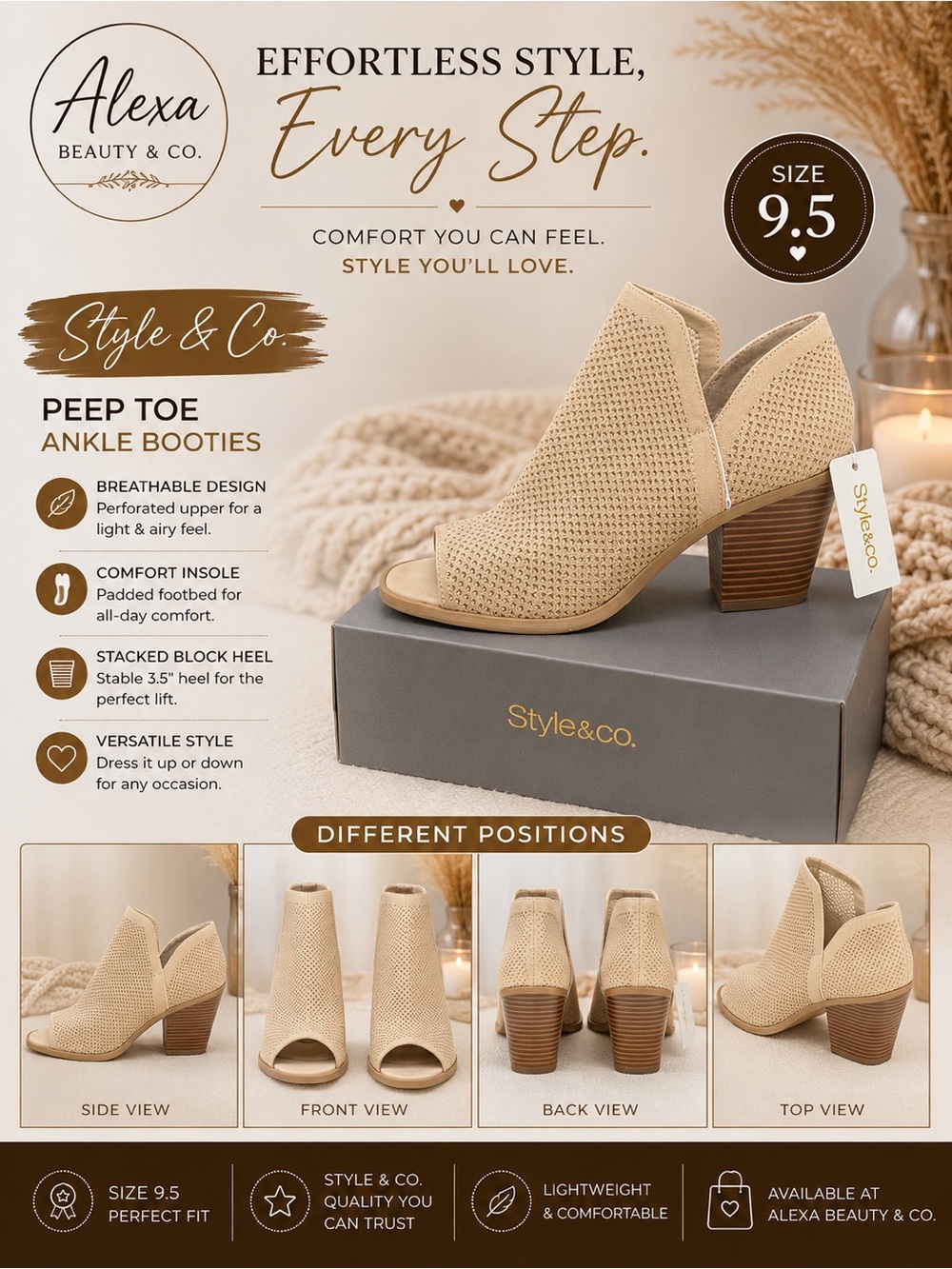 Style & Co. Beige Perforated Peep Toe Ankle Booties